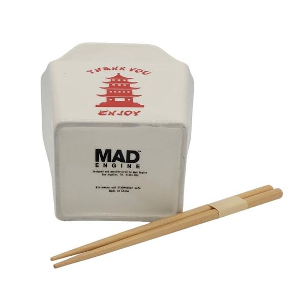 Mad Engine Chinese Take Out Bowl & Chopsticks White Ceramic Ramen Noodle Pho - Picture 7 of 7